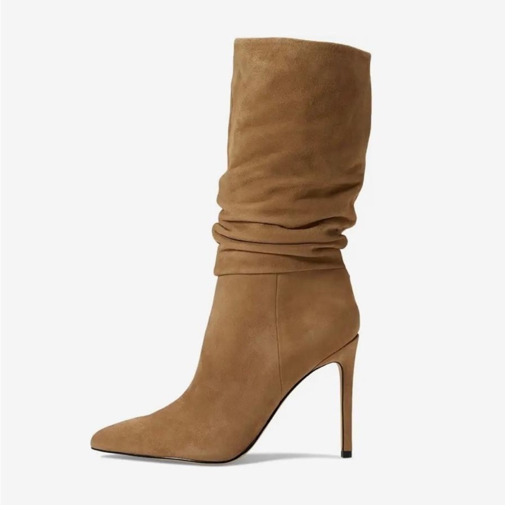 NIB Marc Fisher Romy Slouched Pointed Toe High Heel Boots in Medium Natural